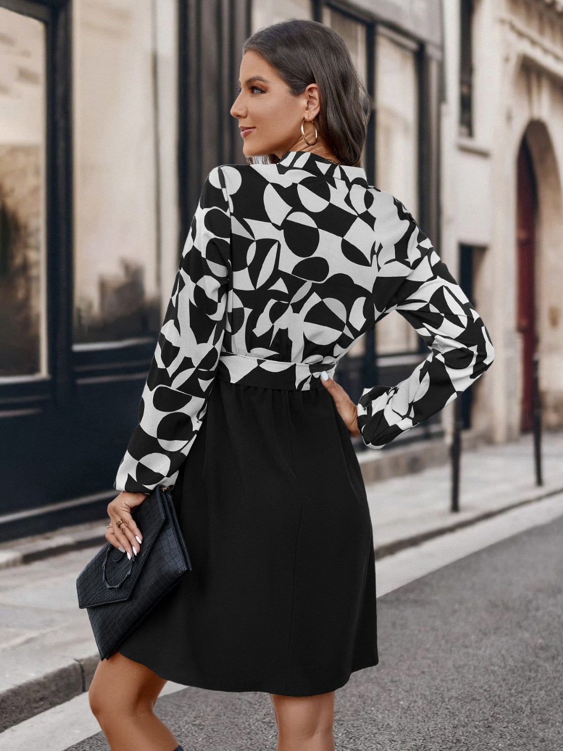 Contrast Notched Tie Front Long Sleeve Dress-Angel Casuals
