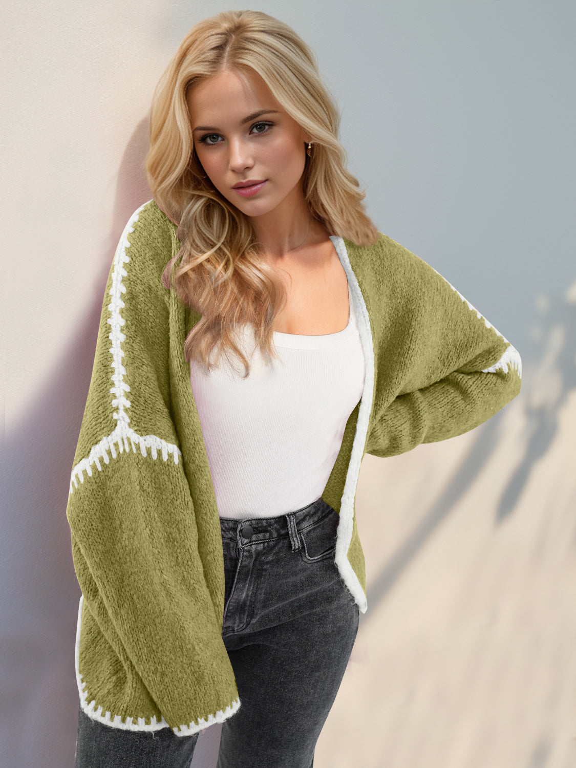 Double Take Contrast Open Front Dropped Shoulder Cardigan-Angel Casuals