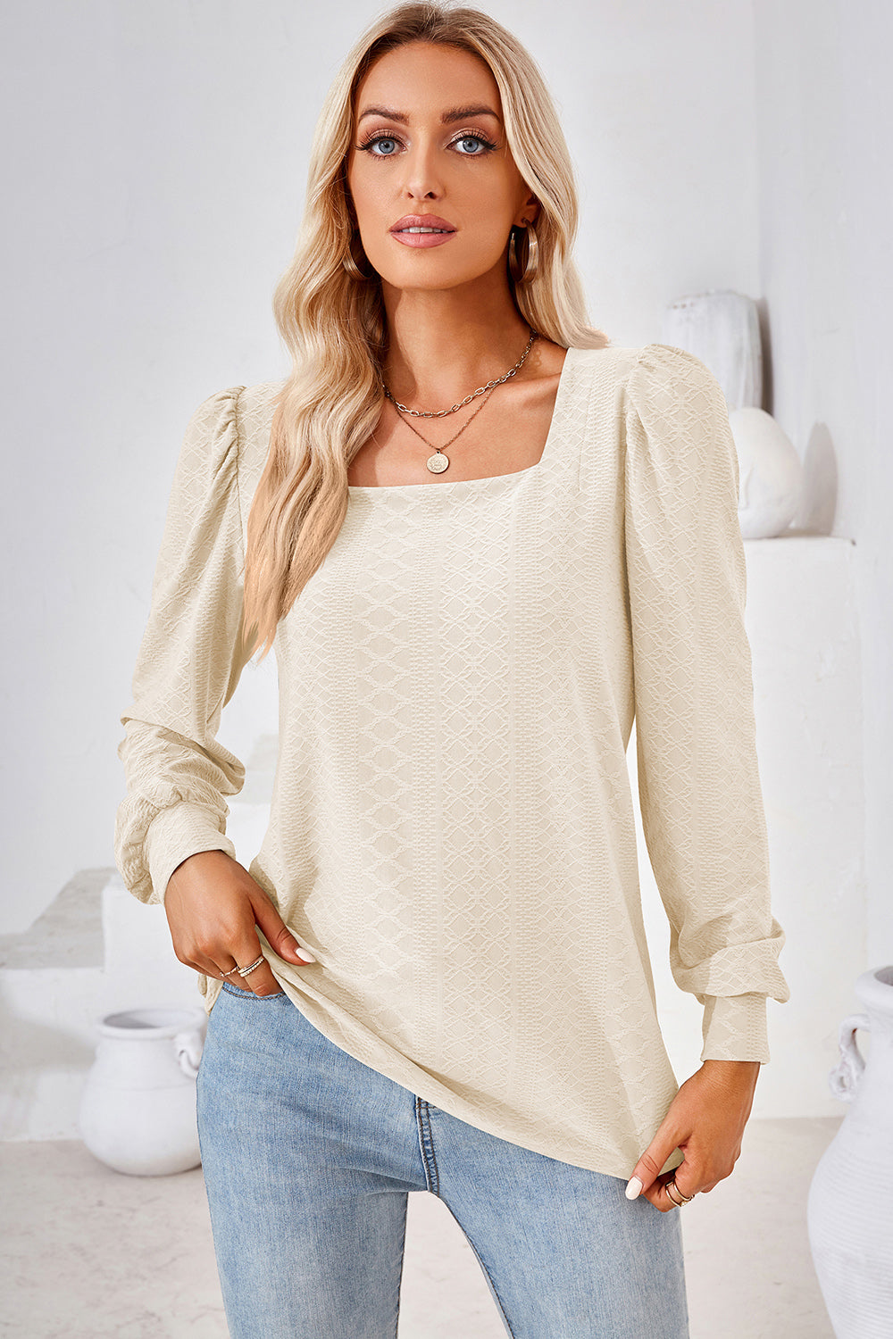 Square Neck Puff Sleeve T-Shirt-Angel Casuals