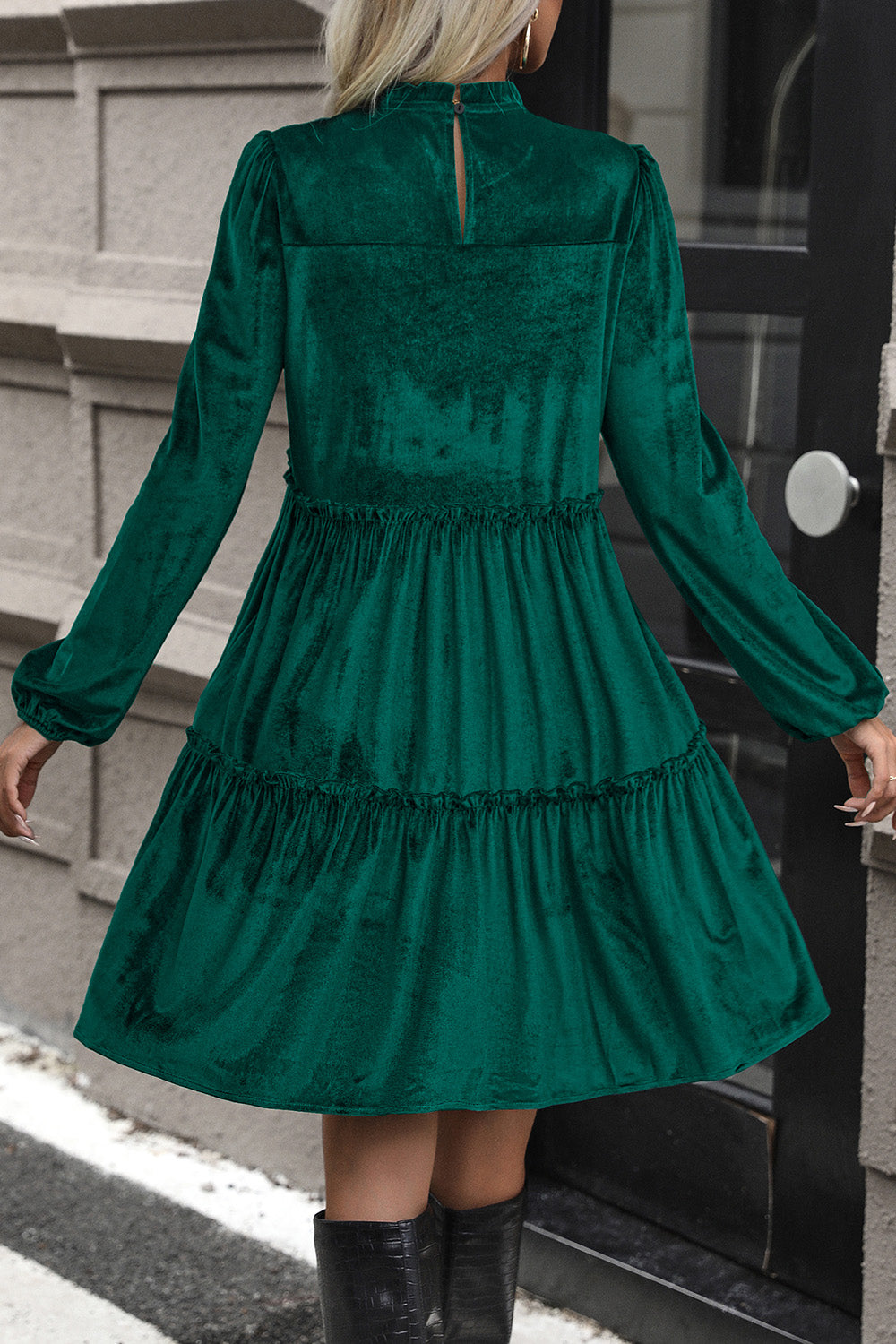 Smocked Balloon Sleeve Frill Trim Tiered Dress-Angel Casuals