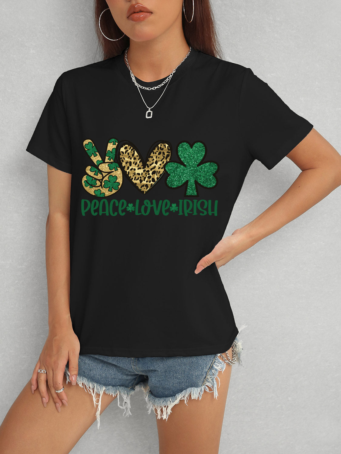 PEACE LOVE IRISH Round Neck Short Sleeve T-Shirt-Angel Casuals