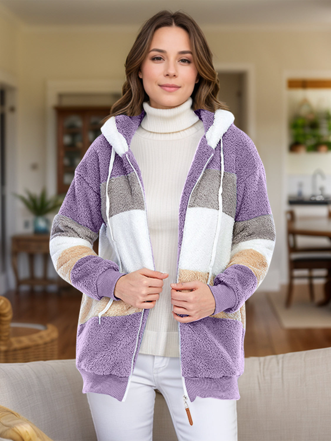 Full Size Drawstring Color Block Zip Up Hooded Outerwear-Angel Casuals