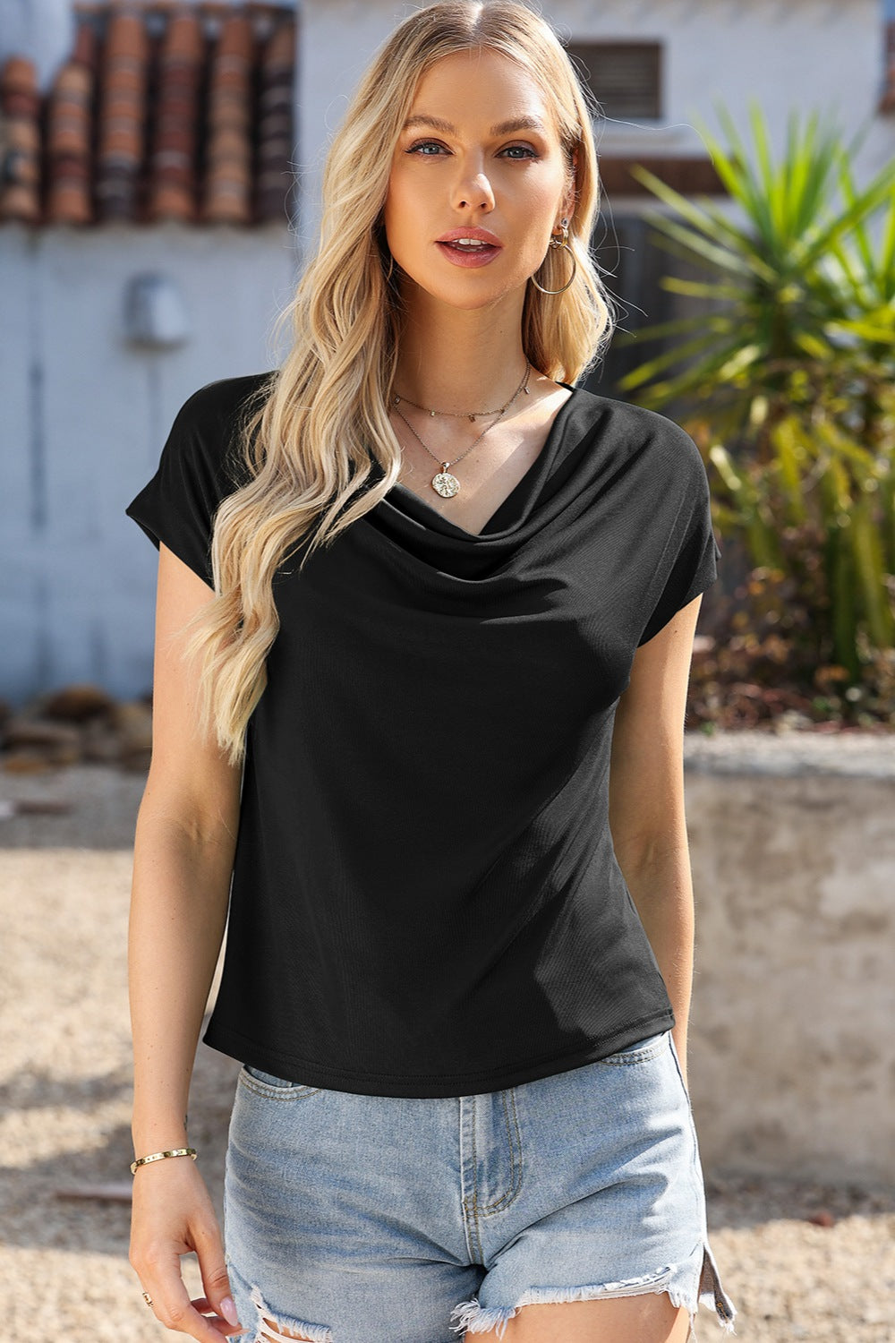 Cowl Neck Short Sleeve T-Shirt-Angel Casuals