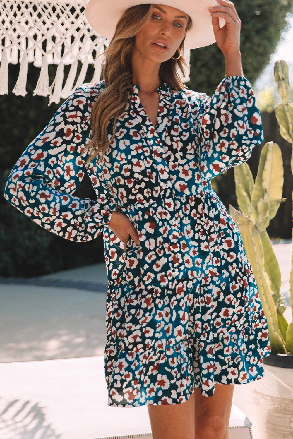 Leopard Half Button Balloon Sleeve Tiered Dress-Angel Casuals