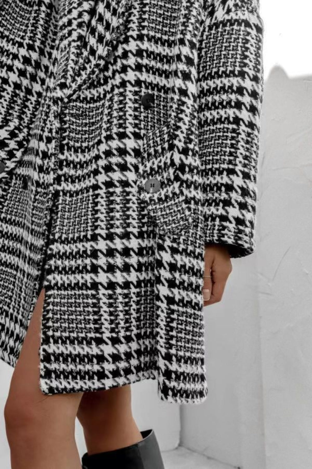 Houndstooth Collared Neck Long Sleeve Coat with Pockets-Angel Casuals