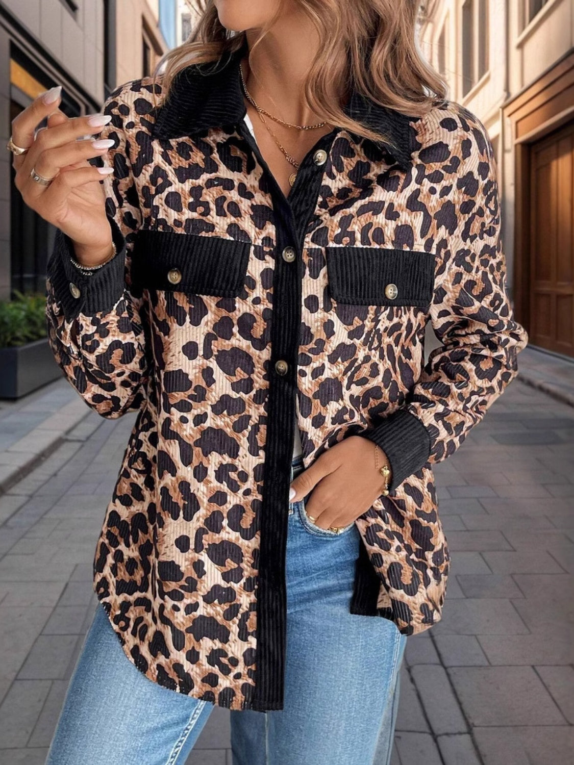 Leopard Collared Neck Button Up Shacket-Angel Casuals