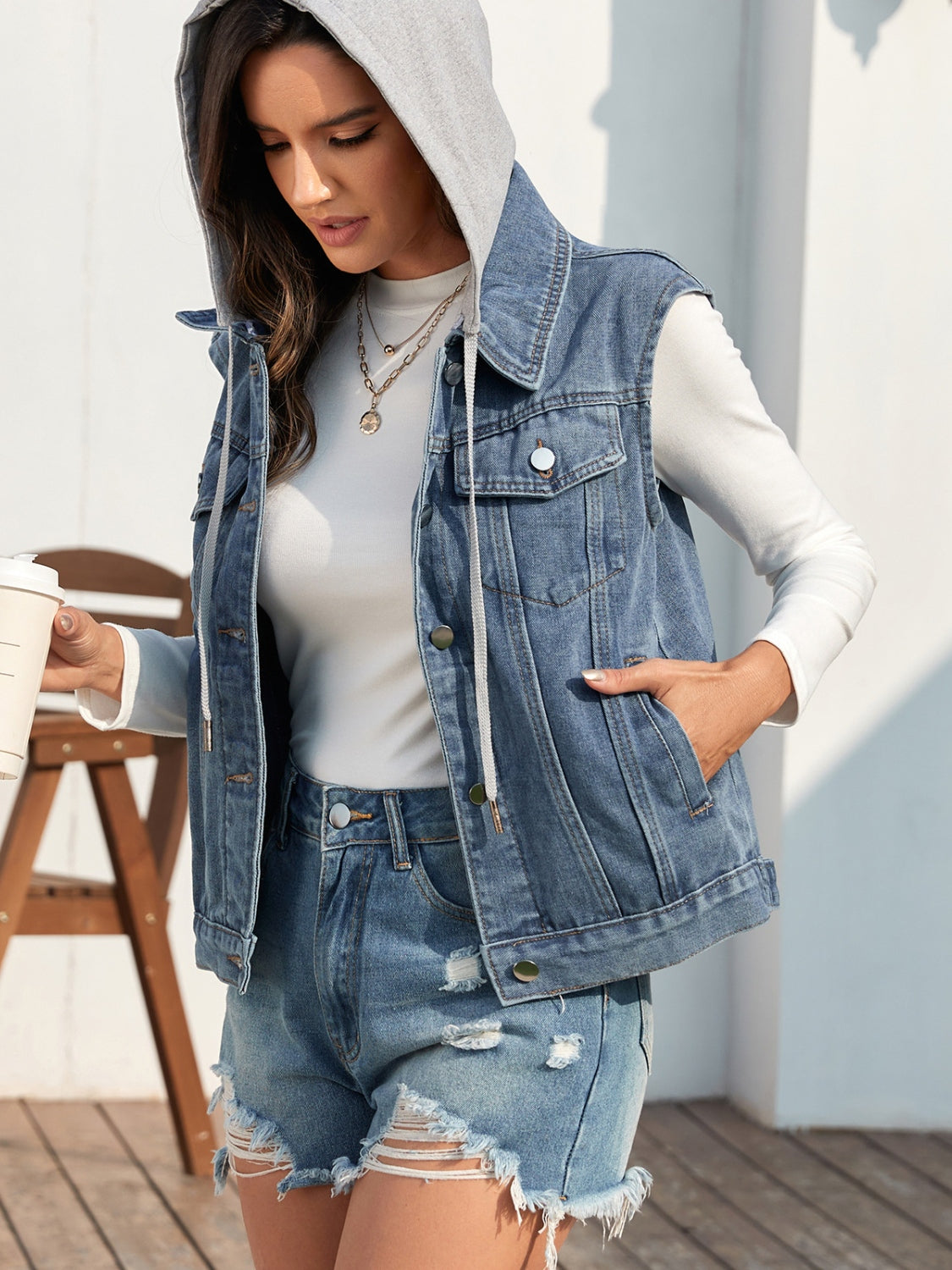 Pocketed Button Up Hooded Denim Jacket-Angel Casuals