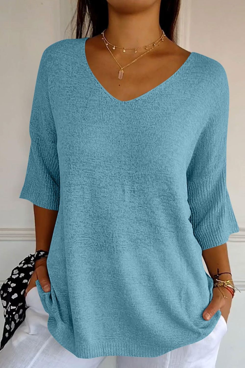 V-Neck Three-Quarter Sleeve Knit Top-Angel Casuals
