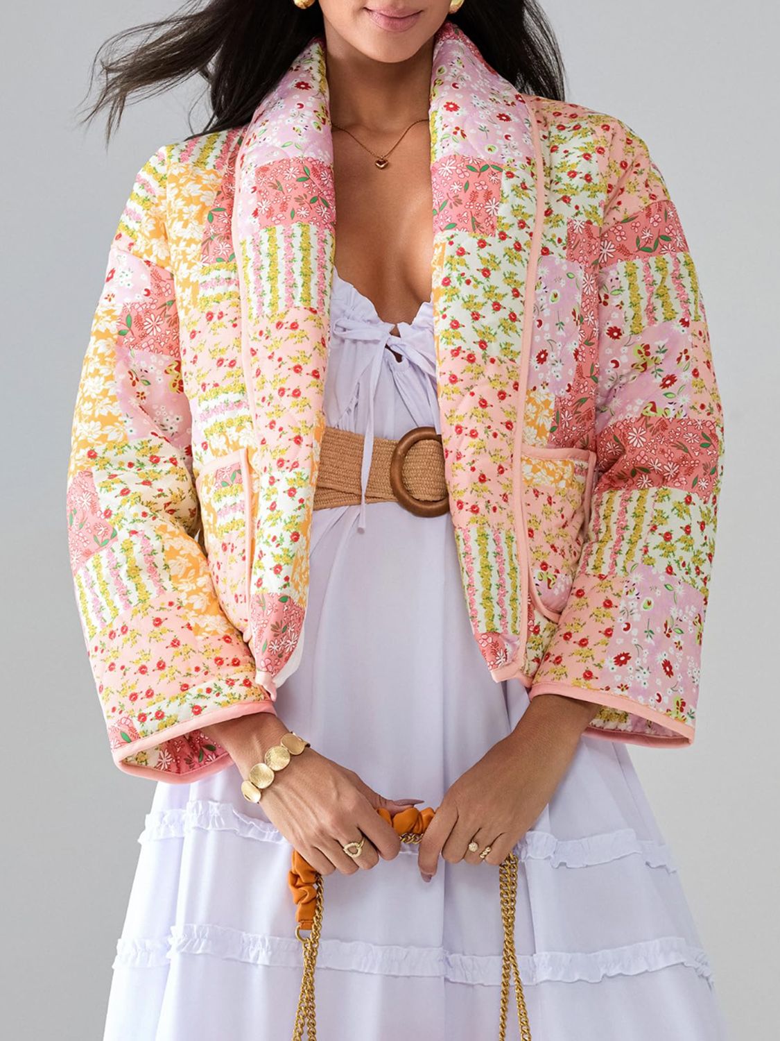 Printed Patchwork Open Front Cardigan with Pockets-Angel Casuals