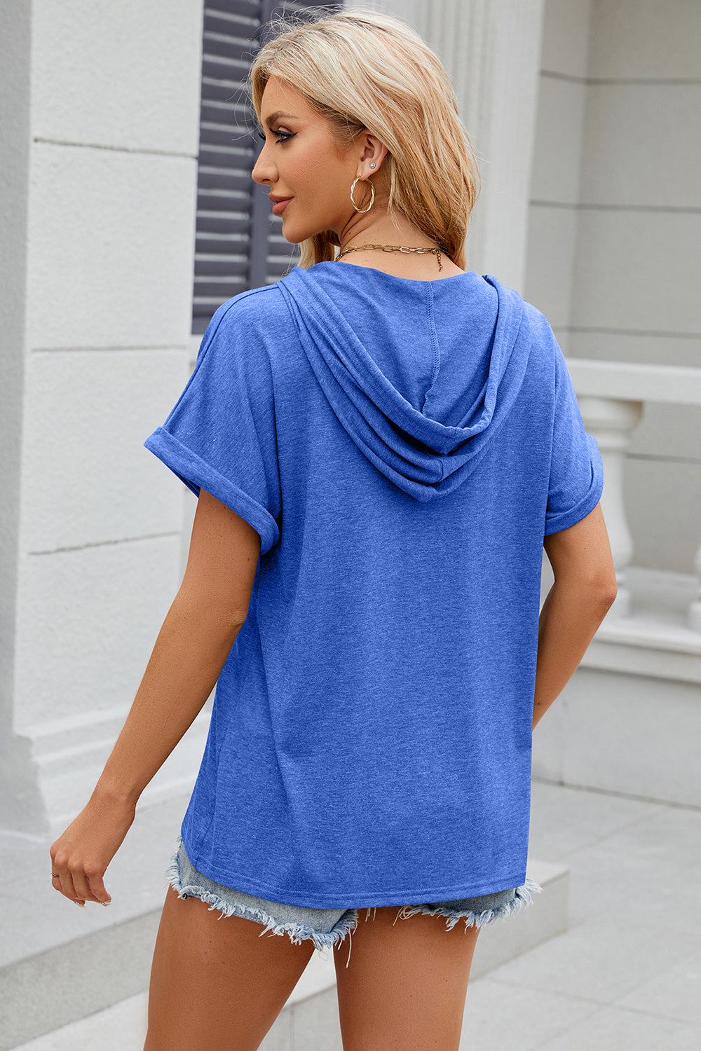 Half Button Drawstring Short Sleeve Hooded T-Shirt-Angel Casuals