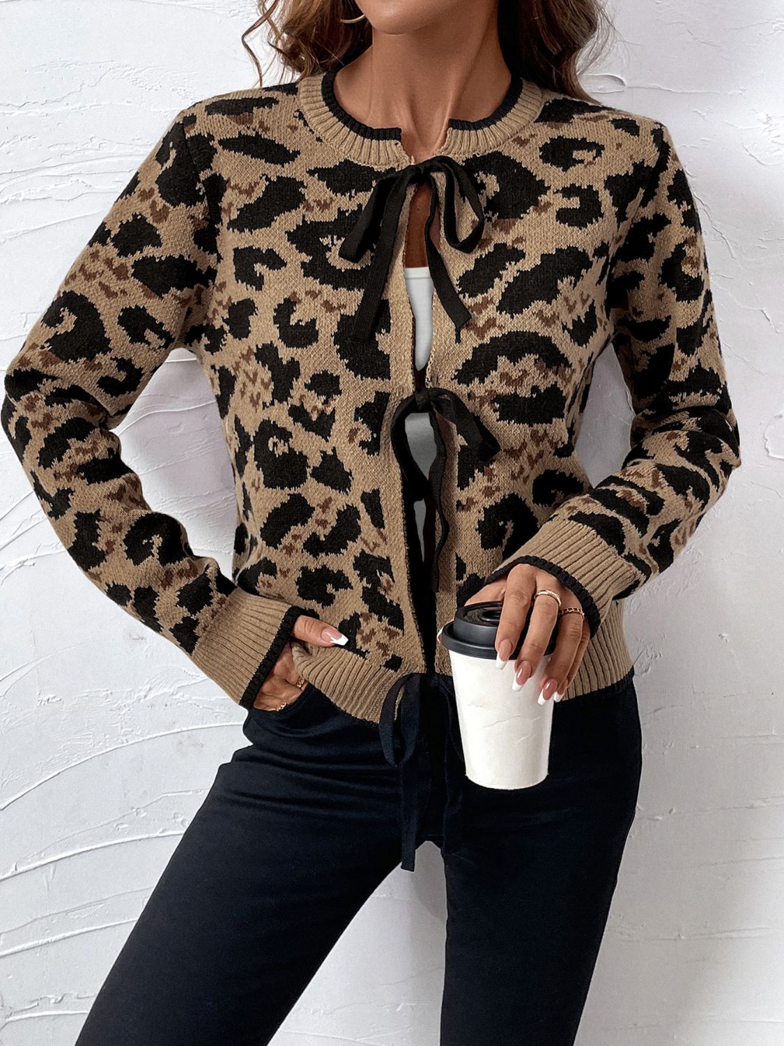 Perfee Tied Leopard Long Sleeve Cardigan-Angel Casuals