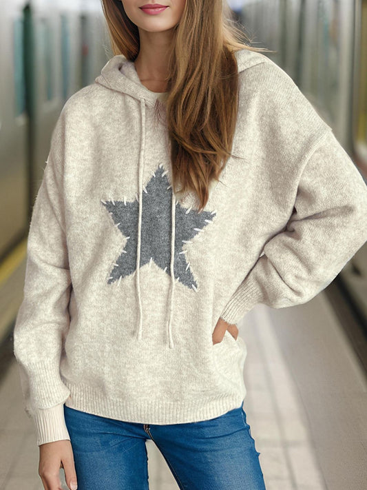 Drawstring Star Long Sleeve Hooded Sweater-Angel Casuals
