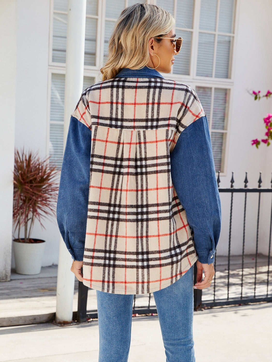 Plaid Long Sleeve Denim Jacket-Angel Casuals
