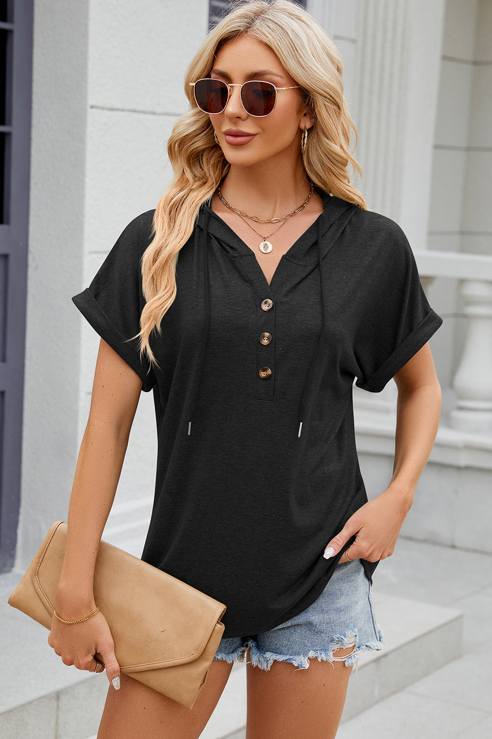 Half Button Drawstring Short Sleeve Hooded T-Shirt-Angel Casuals
