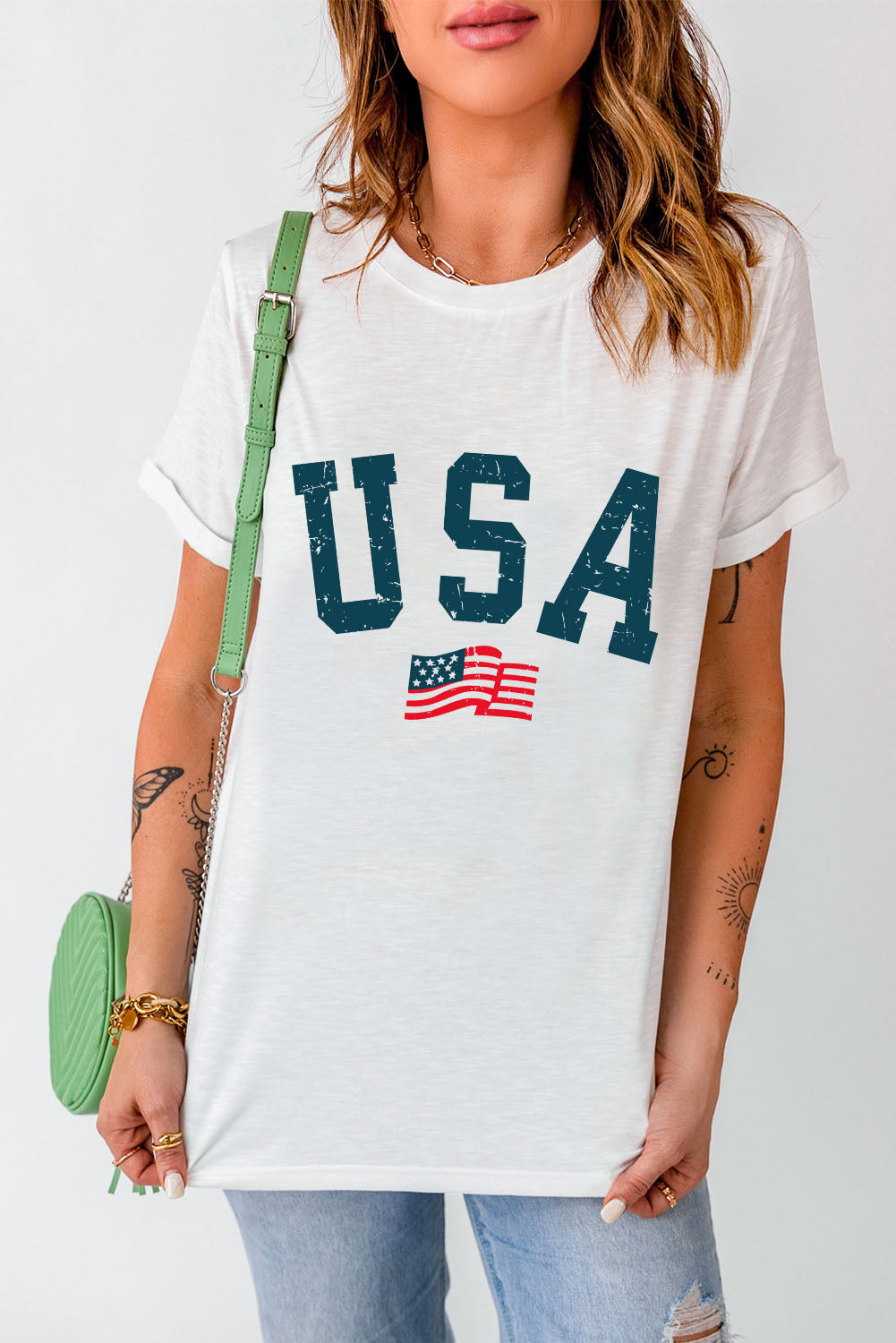 USA Round Neck Short Sleeve T-Shirt-Angel Casuals