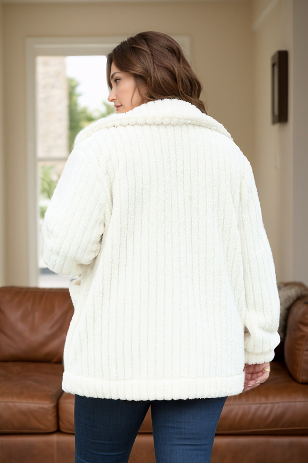 Plus Size Collared Neck Button Down Fuzzy Outerwear-Angel Casuals