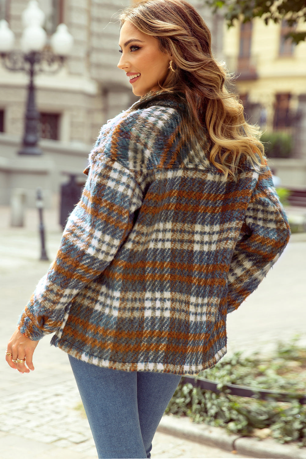 Plaid Collared Neck Jacket with Chest Pockets-Angel Casuals