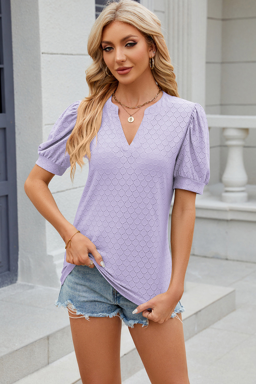 Eyelet Notched Puff Sleeve T-Shirt-Angel Casuals