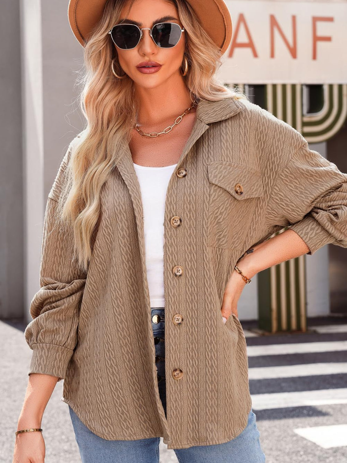 Textured Button Up Long Sleeve Shacket-Angel Casuals