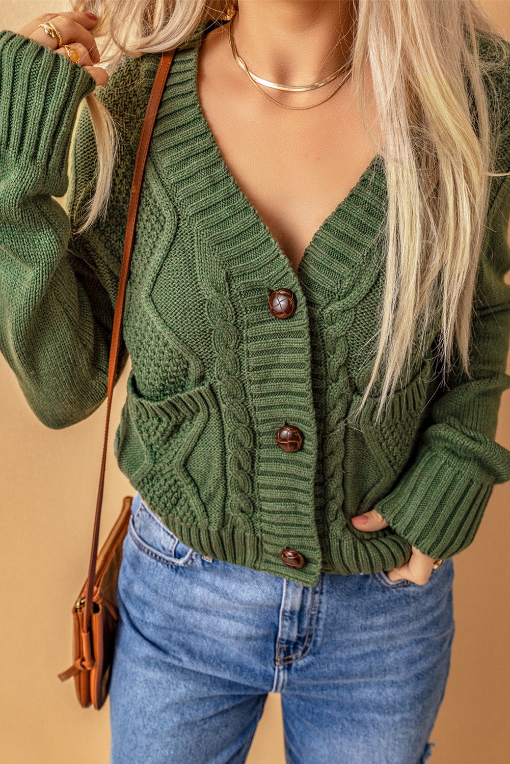 Cable-Knit Button Down V-Neck Cardigan-Angel Casuals