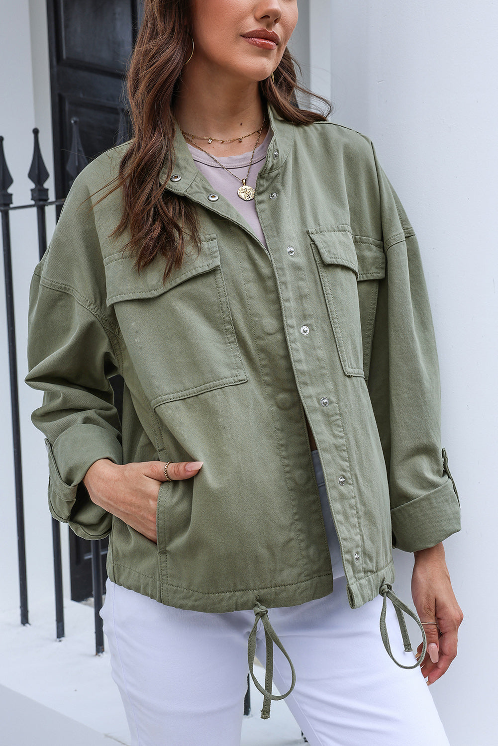 Drawstring Snap Down Dropped Shoulder Denim Jacket-Angel Casuals