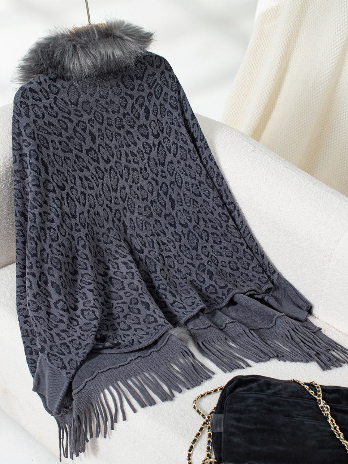 Fringe Leopard Open Front Long Sleeve Poncho-Angel Casuals