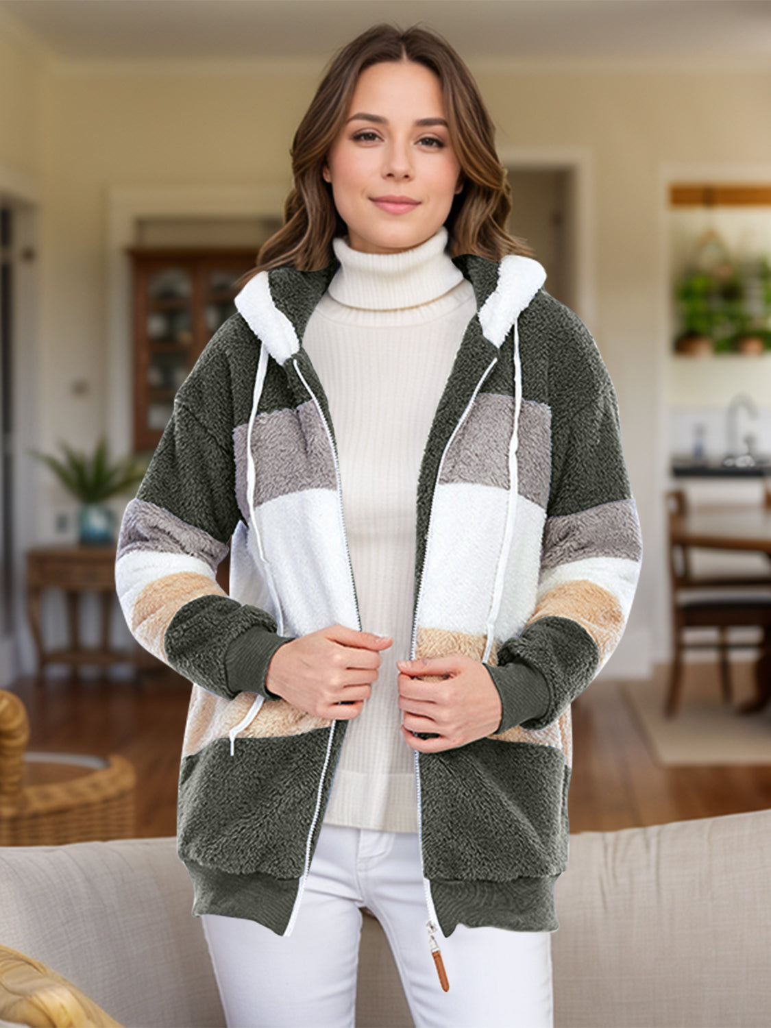 Full Size Drawstring Color Block Zip Up Hooded Outerwear-Angel Casuals