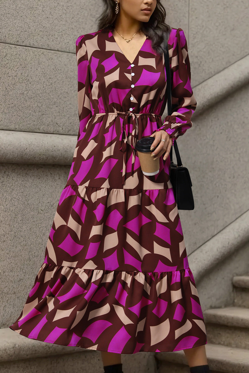 Printed Tied Pocketed Lantern Sleeve Dress-Angel Casuals