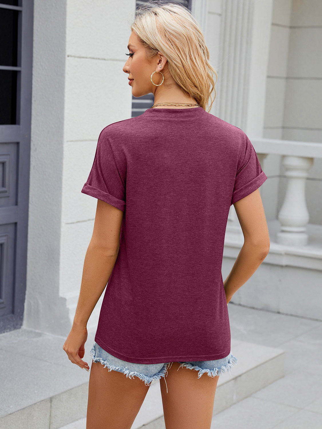Decorative Button Notched Short Sleeve T-Shirt-Angel Casuals