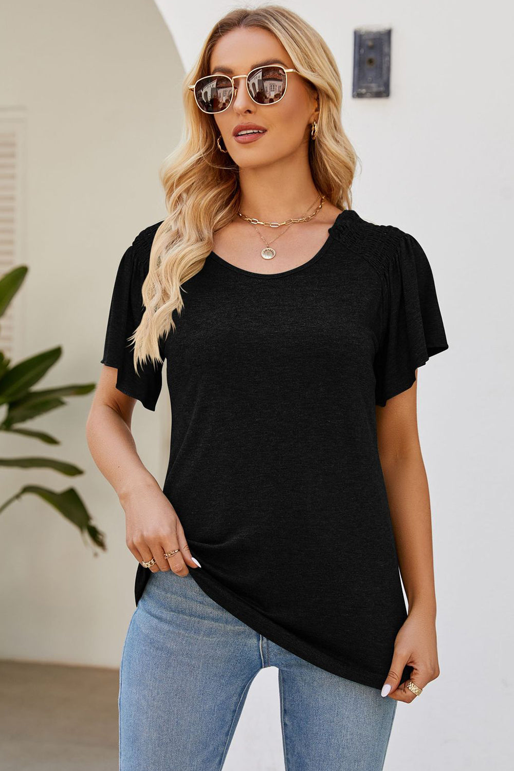 Smocked Round Neck Flutter Sleeve T-Shirt-Angel Casuals