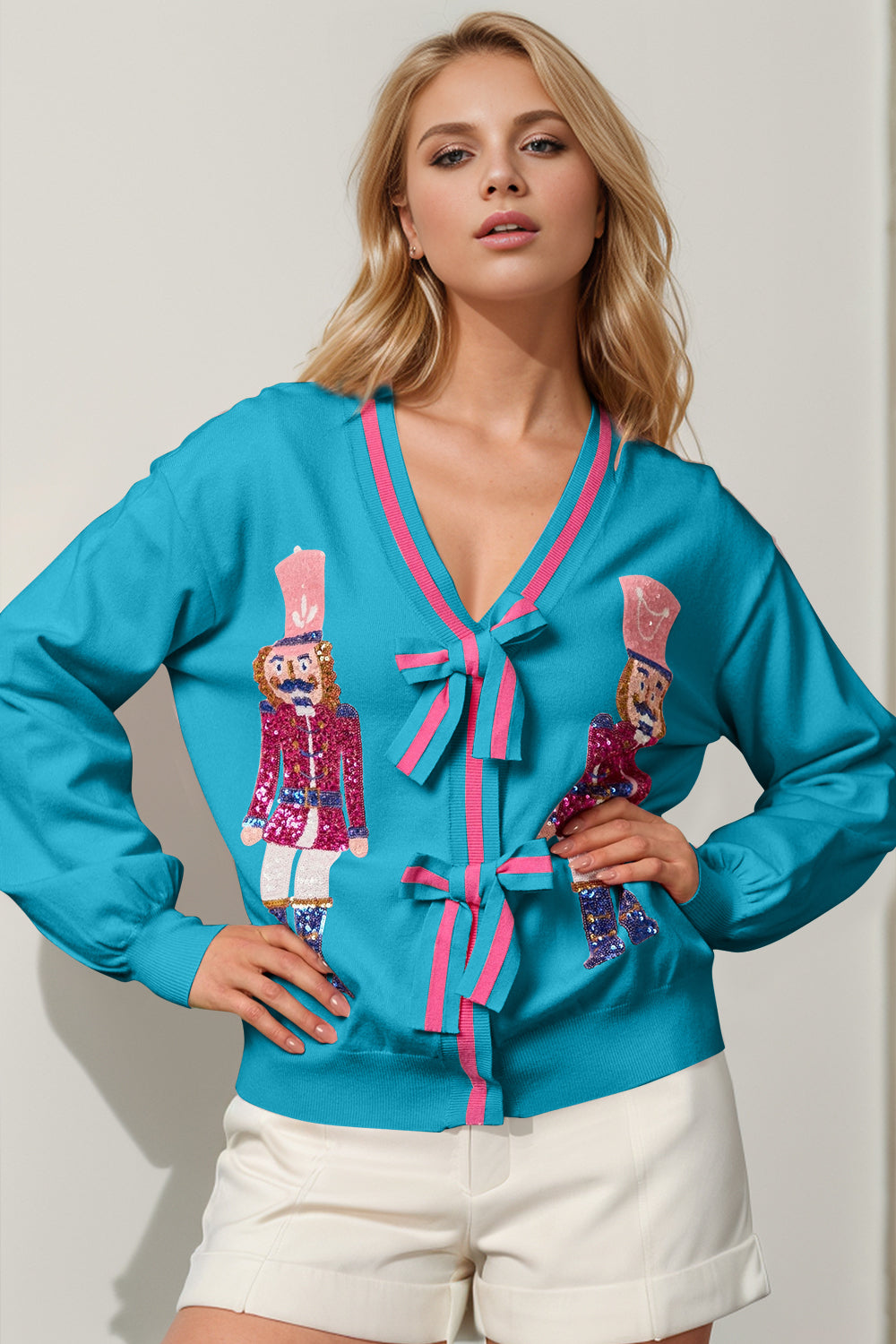 Double Take Full Size Nutcracker Sequin Bow Decor Cardigan-Angel Casuals