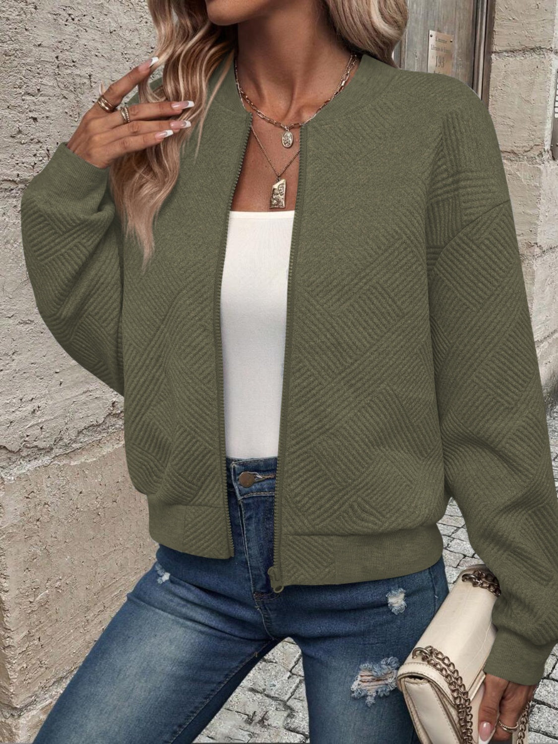 Textured Zip Up Long Sleeve Jacket-Angel Casuals