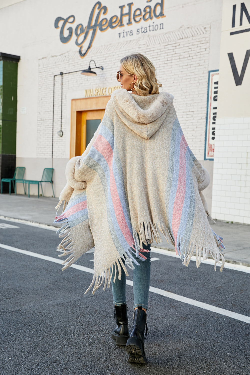 Color Block Fringe Detail Poncho-Angel Casuals