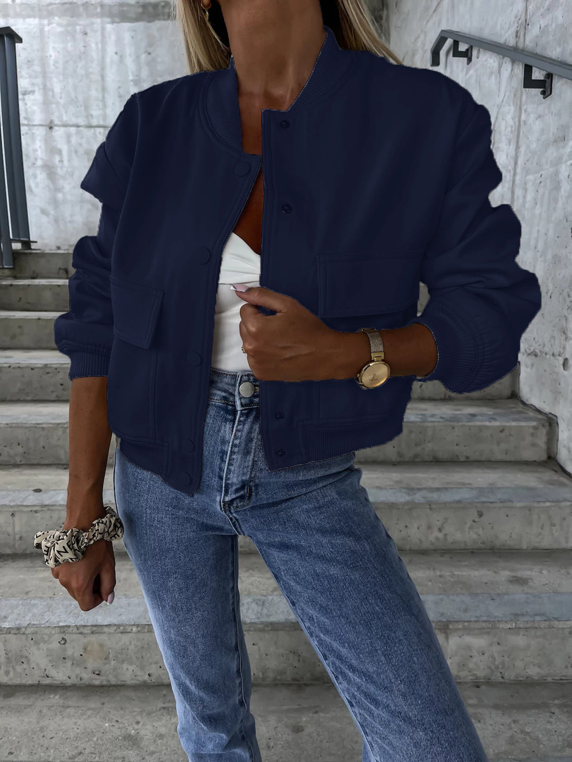 Baseball Collar Dropped Shoulder Jacket-Angel Casuals