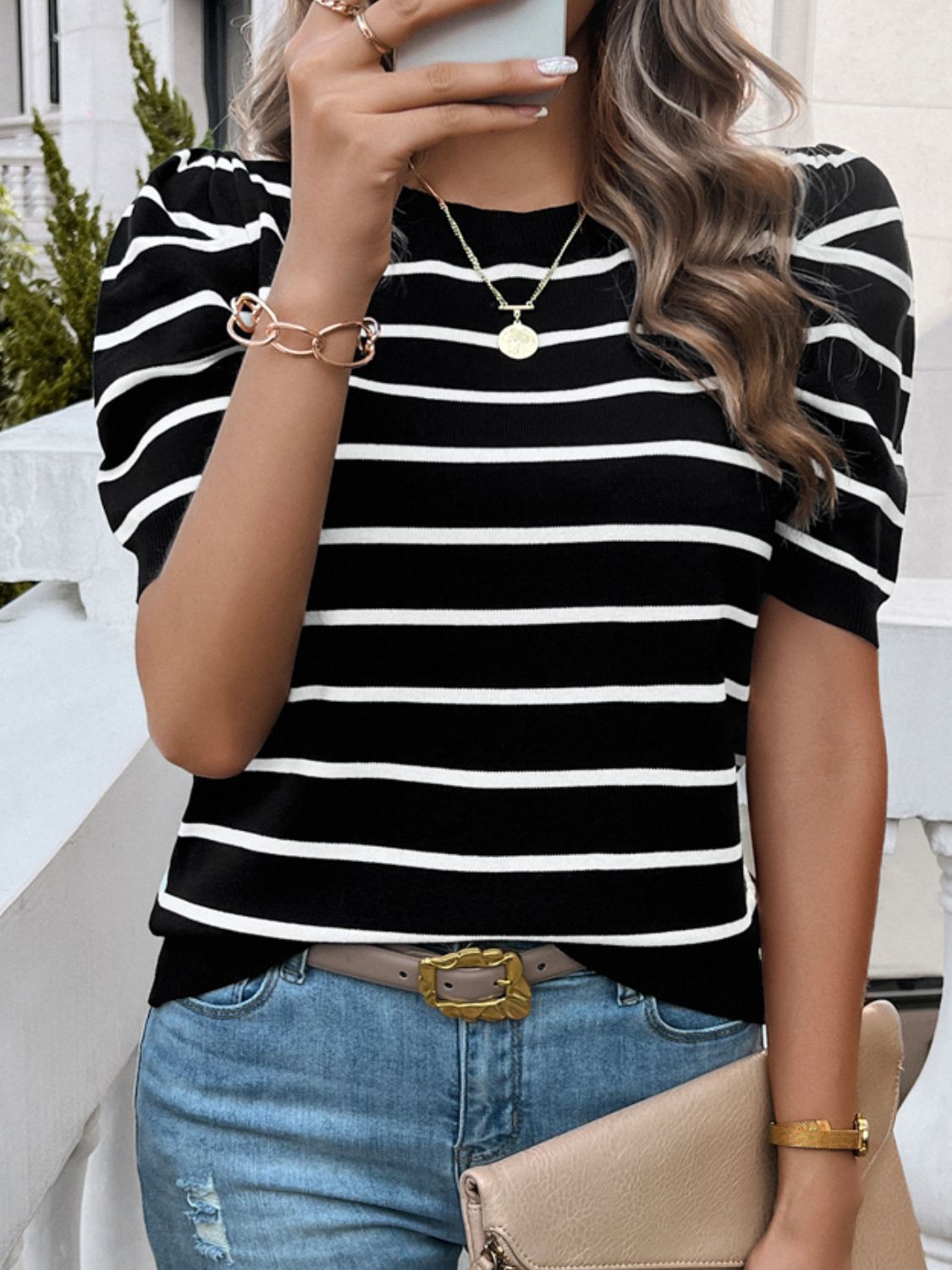 Devine Striped Round Neck Puff Sleeve Knit Top-Angel Casuals