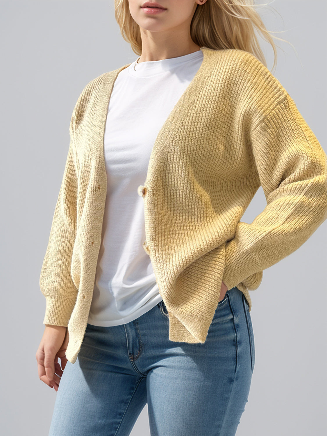 Button Down V-Neck Long Sleeve Cardigan-Angel Casuals