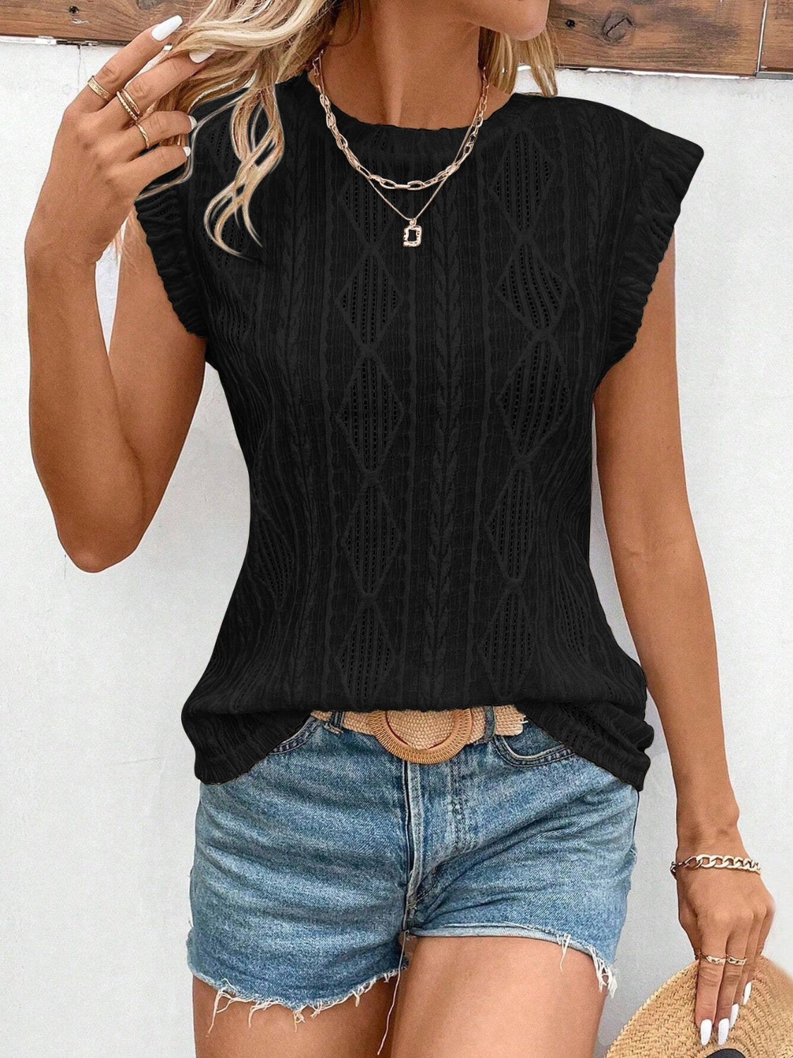Openwork Round Neck Cap Sleeve Top-Angel Casuals