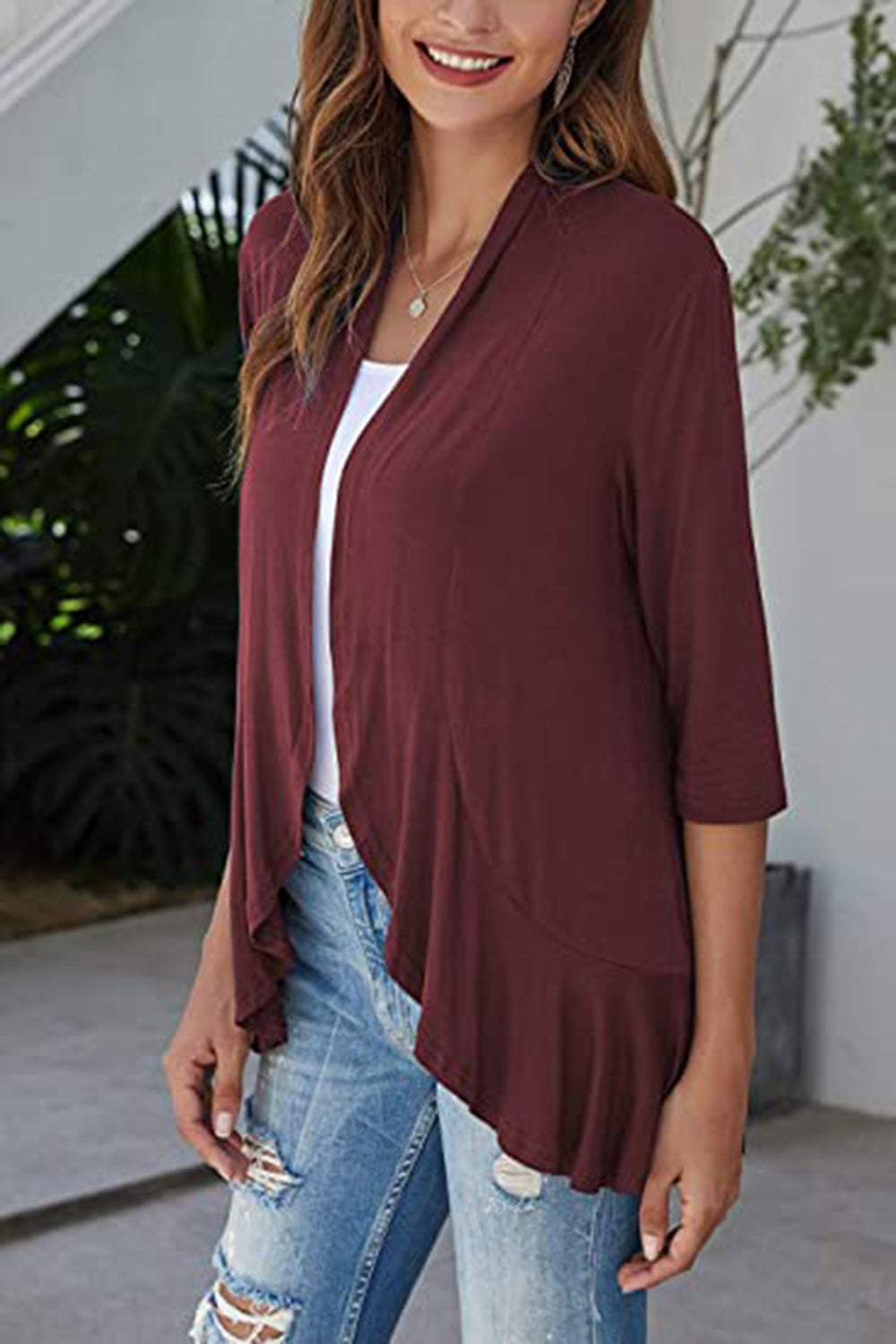 Open Front Three-Quarter Sleeve Cardigan-Angel Casuals