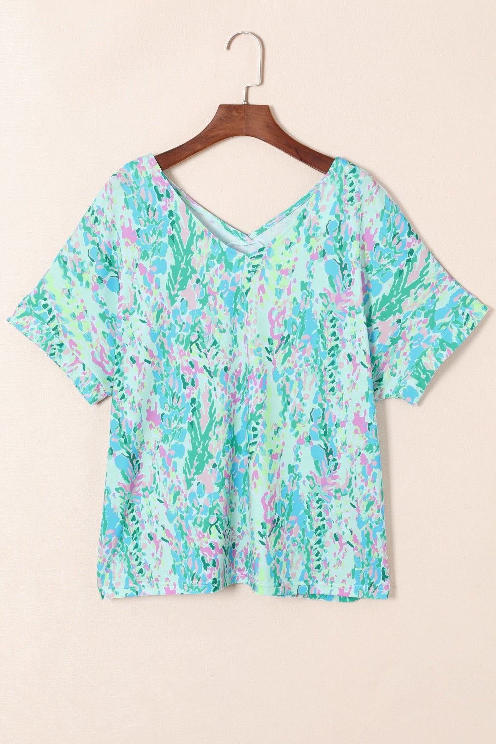 Printed V-Neck Short Sleeve T-Shirt-Angel Casuals