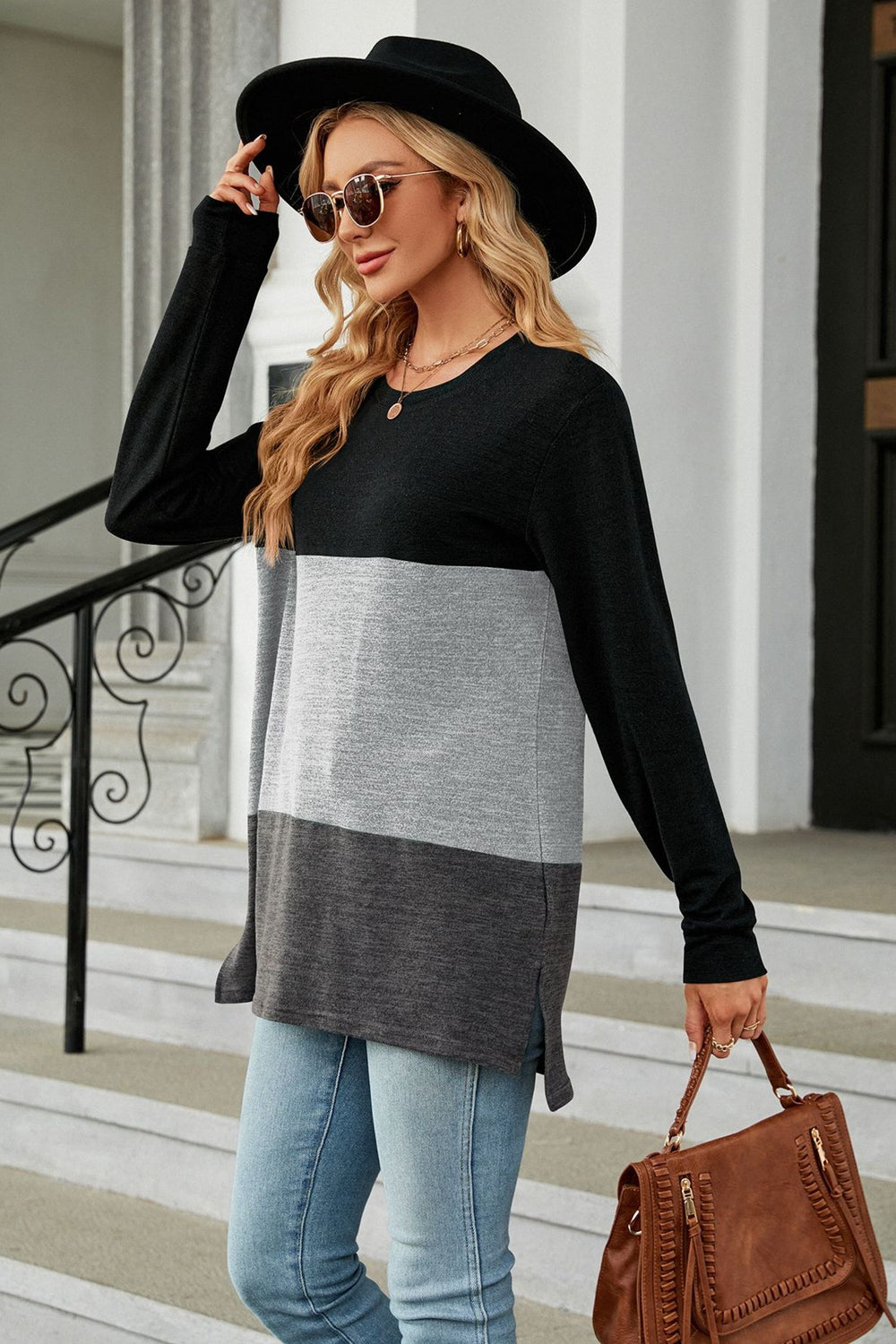 Color Block Round Neck Long Sleeve Slit T-Shirt-Angel Casuals