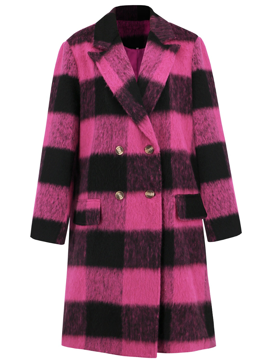 Plaid Double-Breasted Long Sleeve Coat-Angel Casuals
