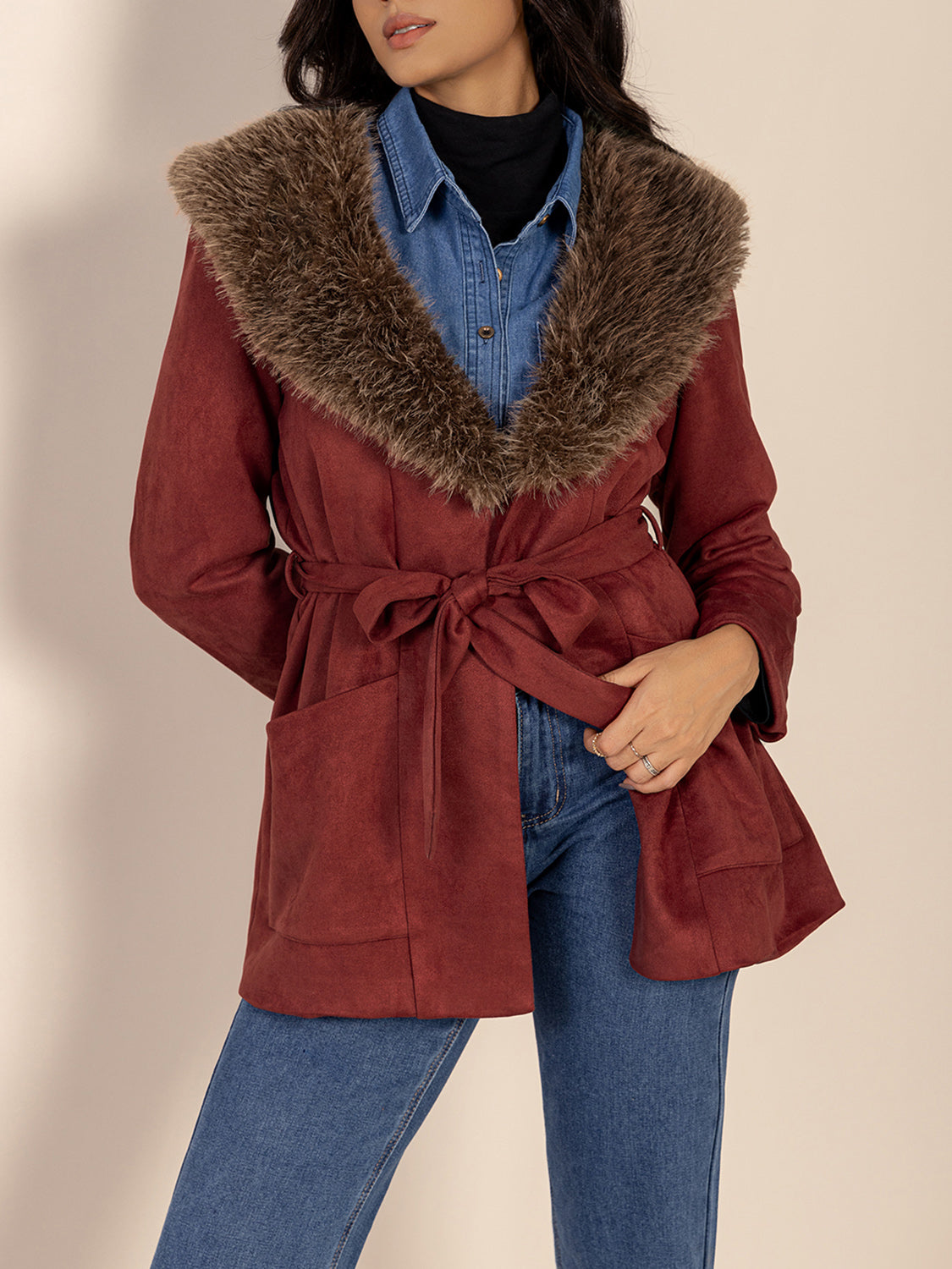 Fuzzy Collared Neck Tie Waist Jacket-Angel Casuals