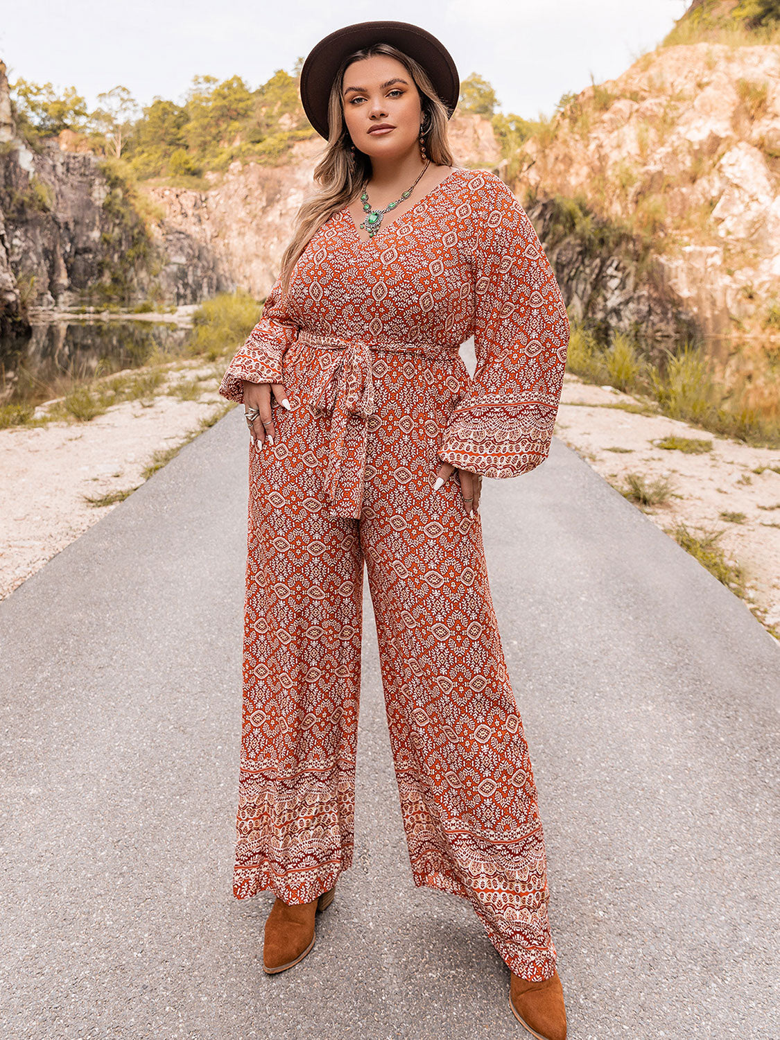 Plus Size Printed V-Neck Tie Front Balloon Sleeve Jumpsuit-Angel Casuals
