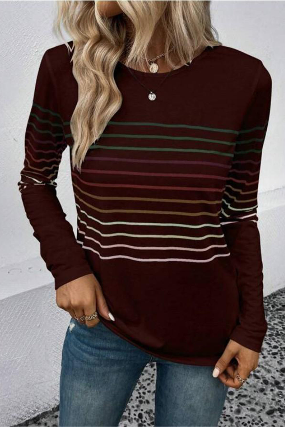 Striped Round Neck Long Sleeve T-Shirt-Angel Casuals