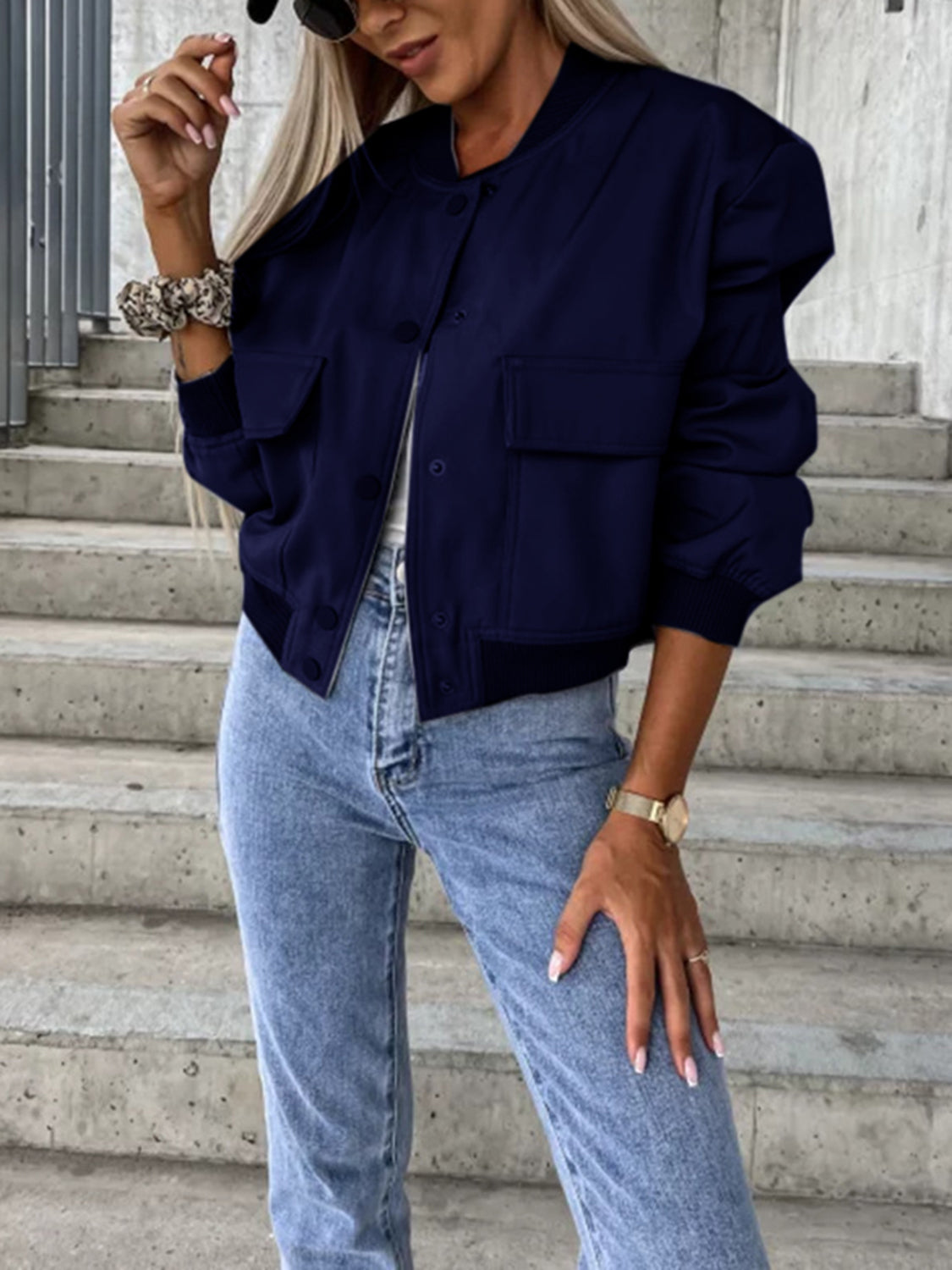 Baseball Collar Dropped Shoulder Jacket-Angel Casuals