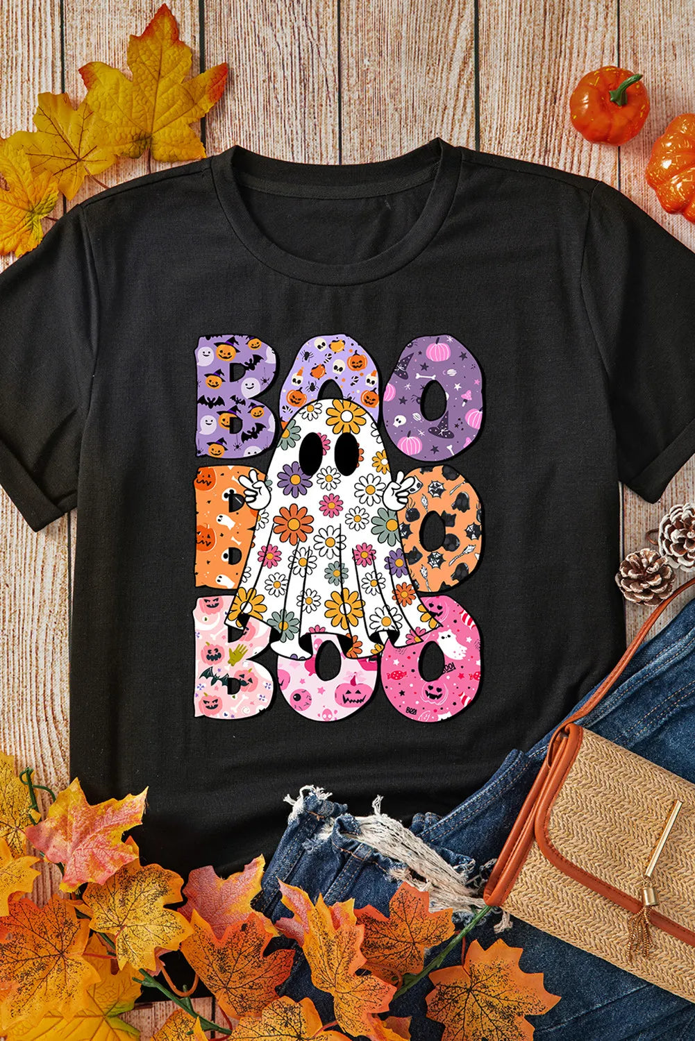 BOO Ghost Graphic Round Neck Short Sleeve T-Shirt-Angel Casuals