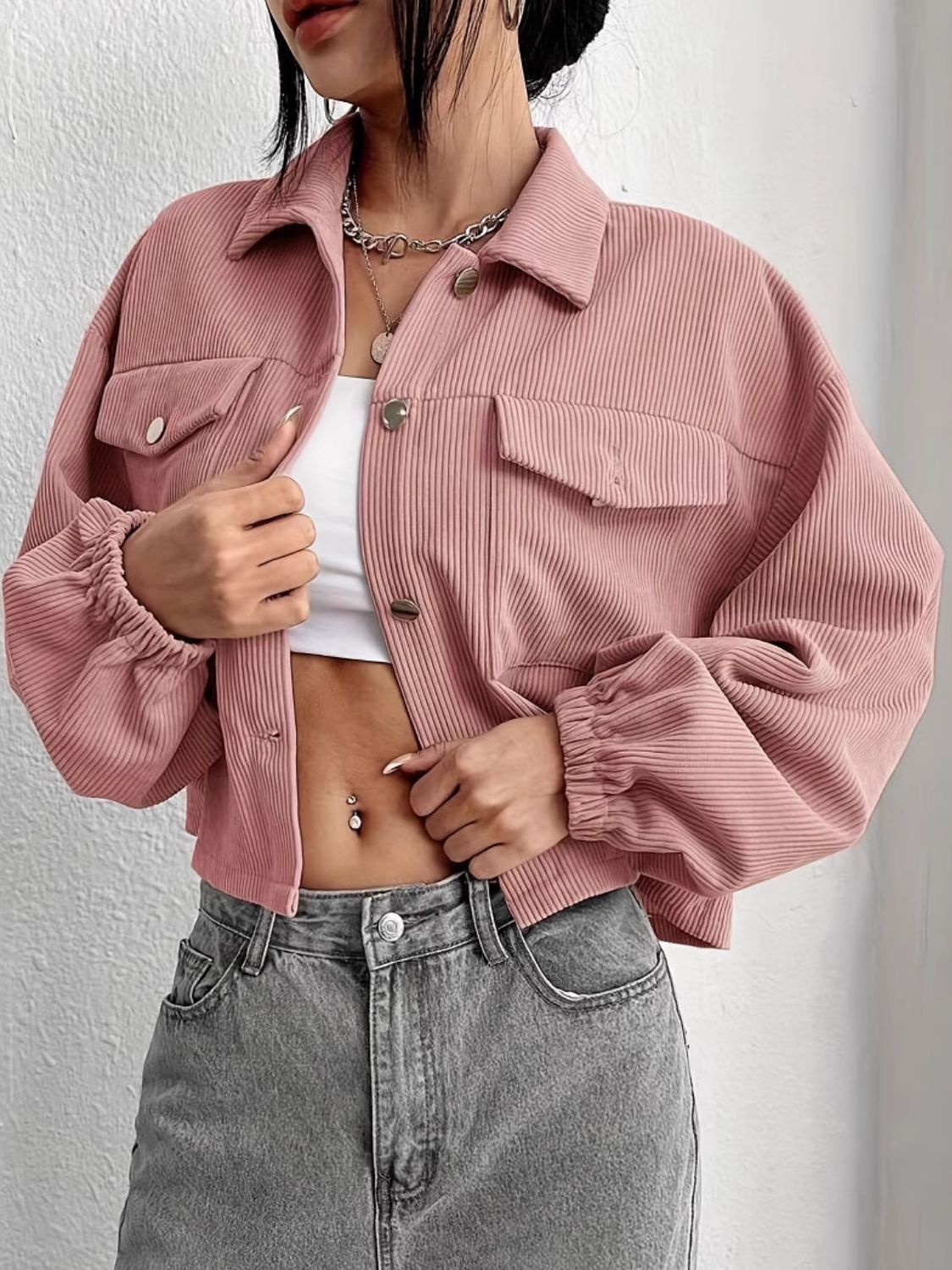 Collared Neck Dropped Shoulder Jacket-Angel Casuals