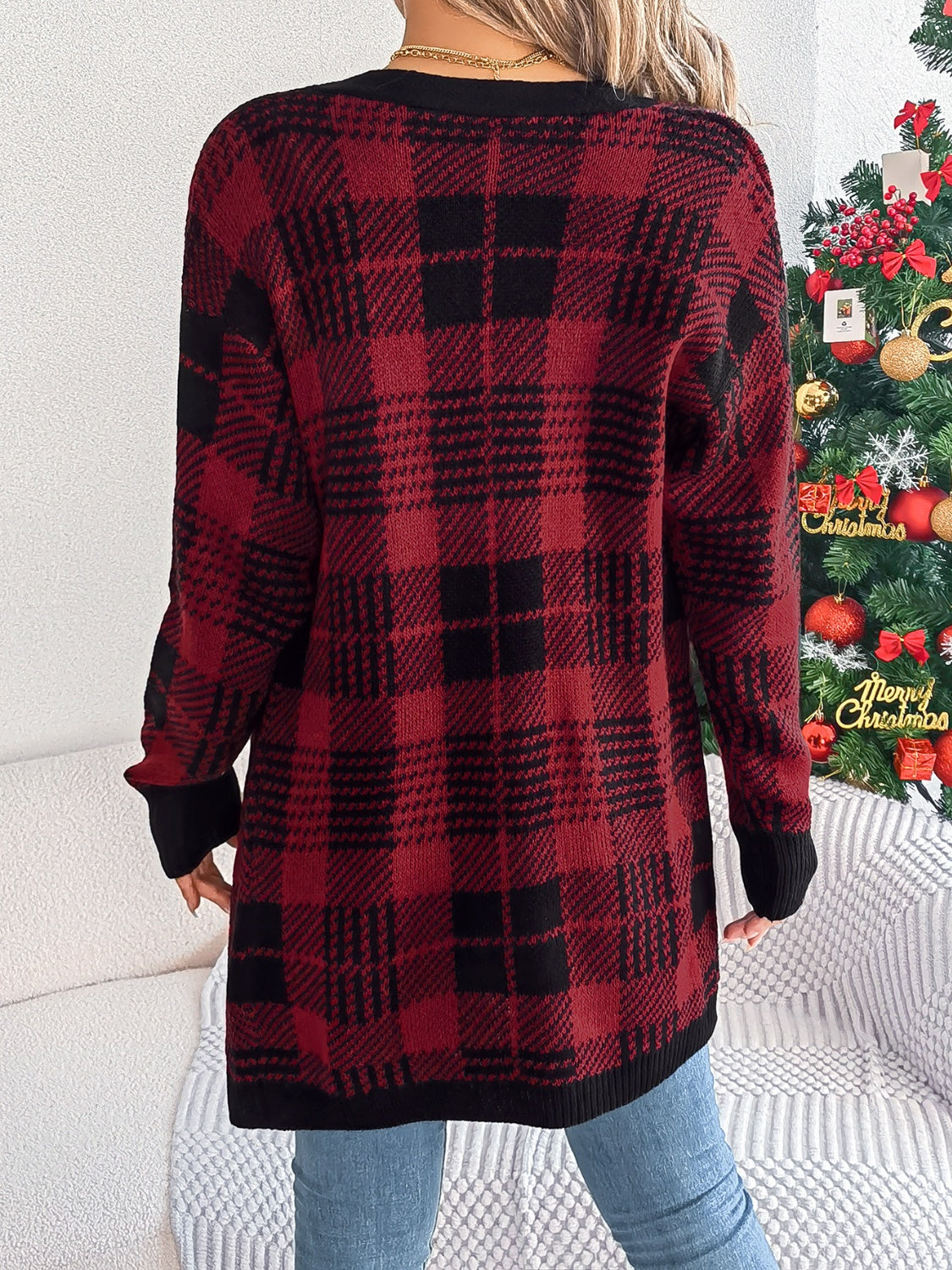Plaid Open Front Long Sleeve Cardigan-Angel Casuals