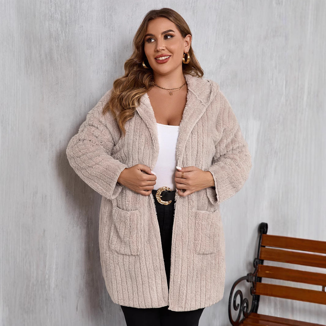 Plus Size Open Front Long Sleeve Hooded Fuzzy Jacket-Angel Casuals