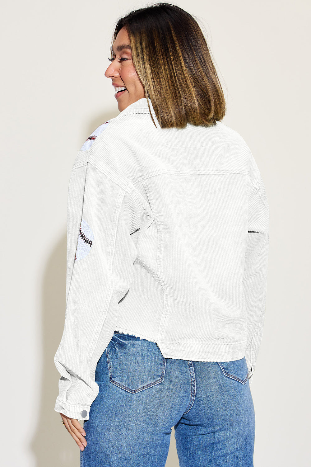 Baseball Sequin Dropped Shoulder Raw Hem Jacket-Angel Casuals